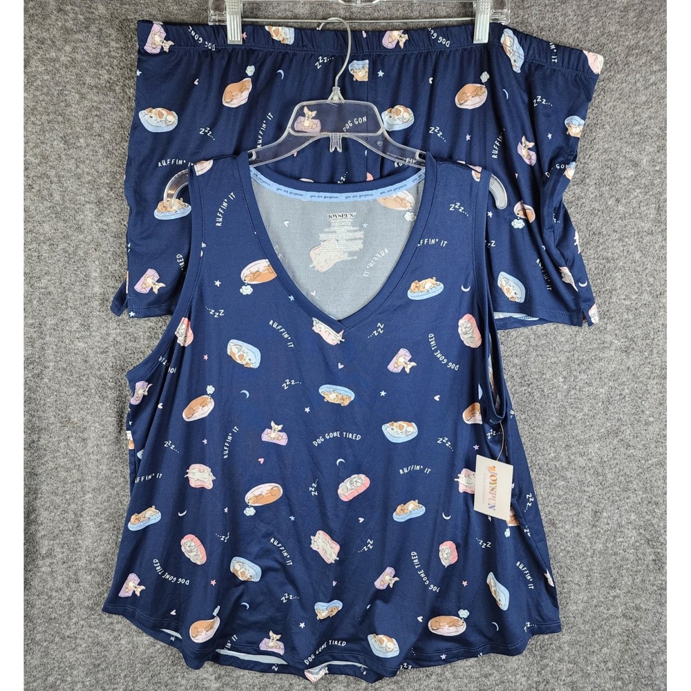 Joyspun Pajama Set Womens 3X Sleeping Dog Navy Blue V-Neck Tank Shorts NEW